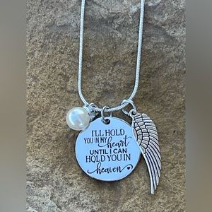 I’ll Hold You in My Heart, .925 20" Necklace Angel Wings & Faux Pearl, New